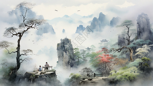 薄雾笼罩的村庄背景图片