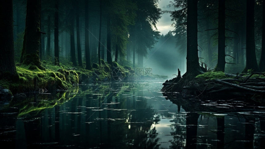 昏暗树林里流过的河流图片