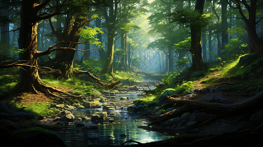 森林里的河流倒映阳光图片