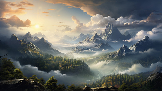 山上云雾笼罩的山林图片