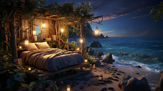 礁石沙滩海边别墅里的单人床插画