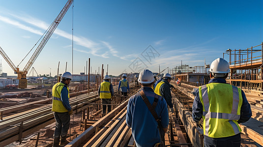 钢筋网片建筑工人在工地施工背景