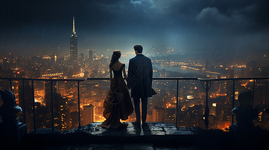 夫妇站在高楼里俯瞰城市夜景背景图片