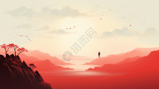 俯瞰图壁纸红色晕染山水风景插画
