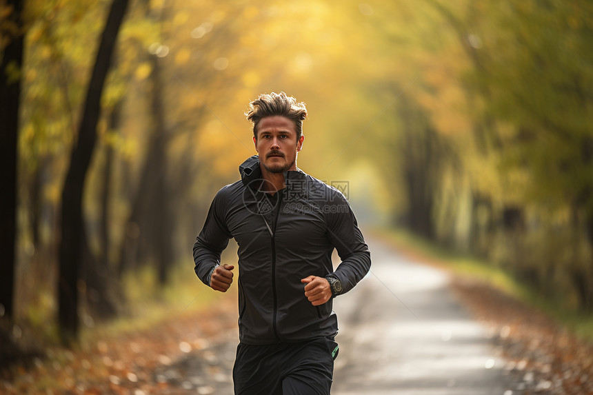 清晨森林里跑步的男人图片