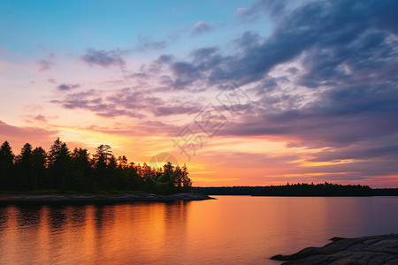 夏日湖畔的夕阳背景