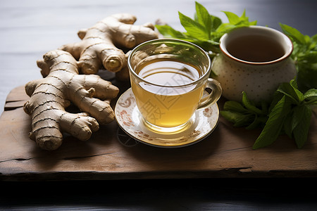 一杯姜茶放在木盘上背景图片