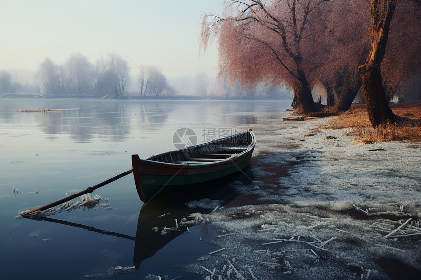 冬日平静湖面上的船图片