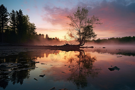 晨雾笼罩的湖泊图片