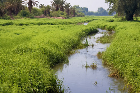 湿地草地河流穿过翠绿的田野背景