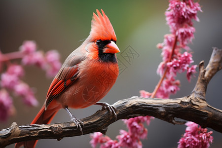 红色小鸟红鸟停栖粉色花朵间背景