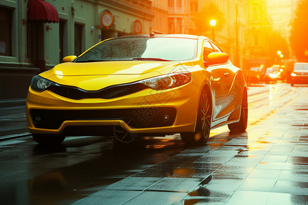 湿街上行驶的黄色跑车背景图片