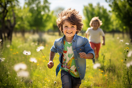 快乐草坪上的两个孩子高清图片