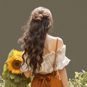 女孩抱着向日葵的背影图片