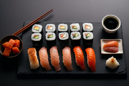 美味的寿司和筷子图片