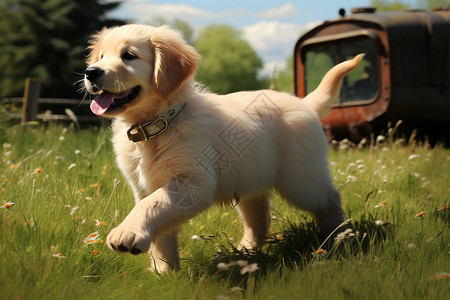 草地上奔跑的小狗图片