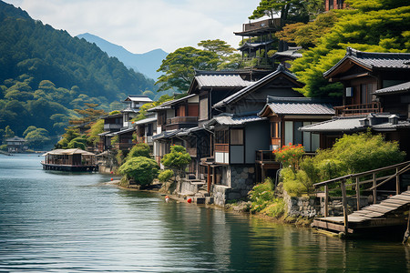 湖畔的山屋房屋山屋高清图片