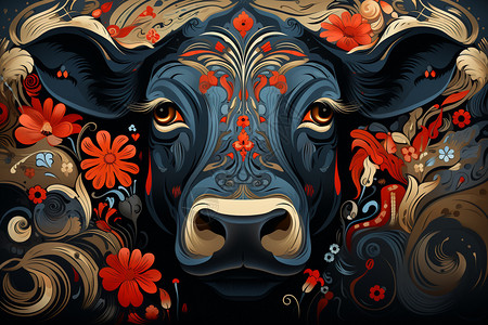 牛头标志多彩的传统牛头插画