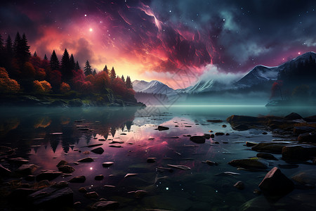 极光倾泻在山湖图片