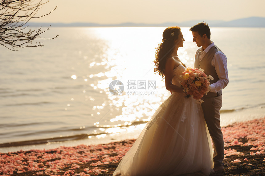 夕阳下的新婚夫妇图片