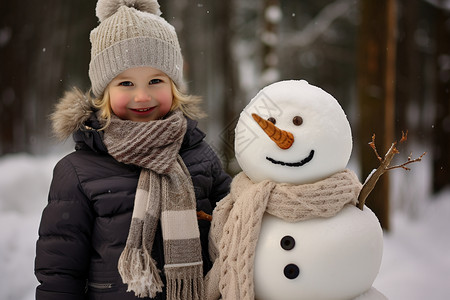冬日的小女孩与雪人图片