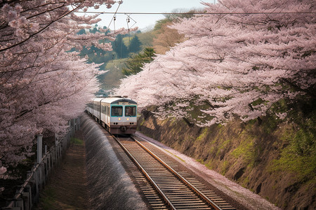 日本花火樱花盛开的火车道背景