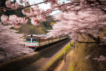 日本乡村春日樱花间的列车背景