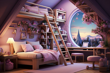 卧室照明童趣动漫3D粉色的房间插画