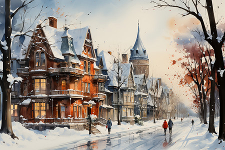 雪景小镇的漫步背景图片
