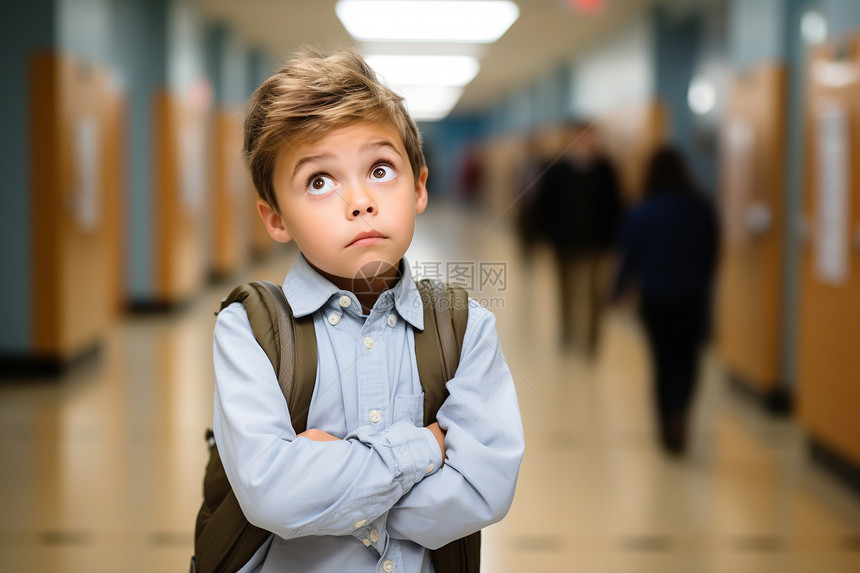 一个小男孩在学校走廊图片