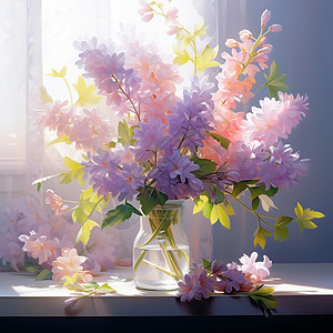玻璃瓶插花花瓶的紫色花束插画