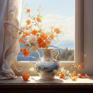 玻璃瓶插花窗台的鲜花插画