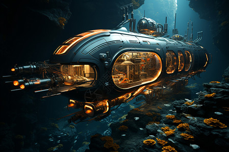 深海里的潜水艇背景图片