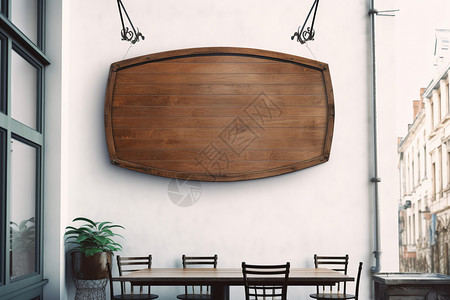 餐厅标识木牌悬挂在餐厅墙上背景