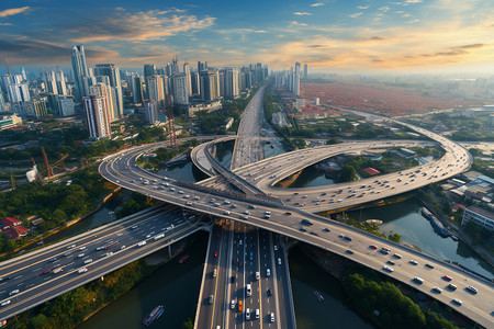 美丽的大路繁忙都市的高速路上背景