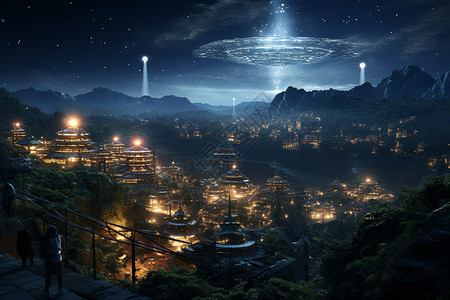 未来之城的夜晚，巨大的卫星天线装置迎接外星物体的细微调整。背景图片