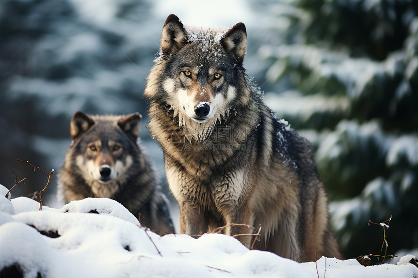 两只狼站在雪地上图片