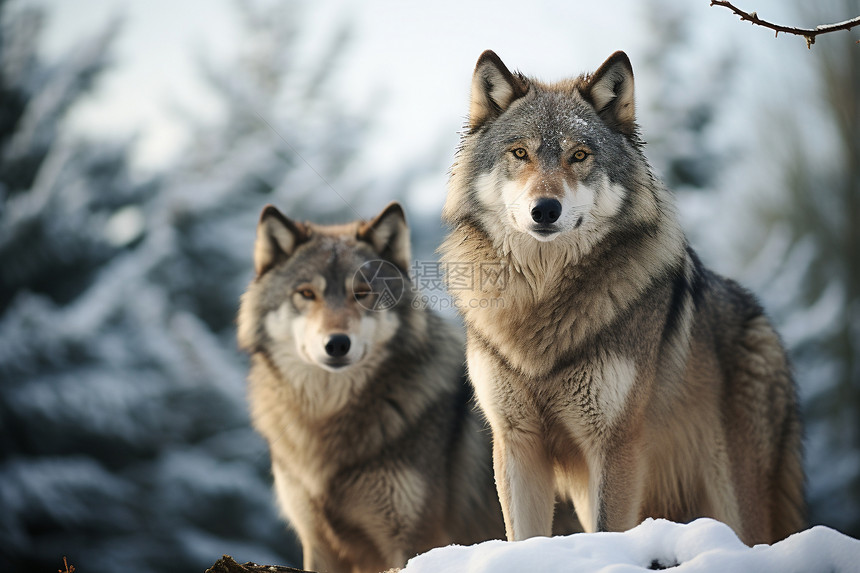 两头雪地里的狼图片