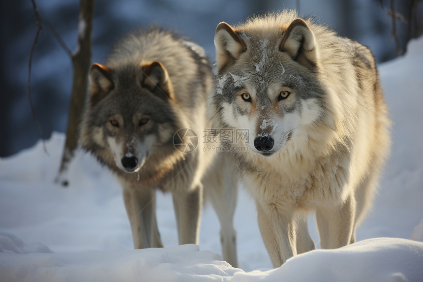 积雪树林中的野狼图片