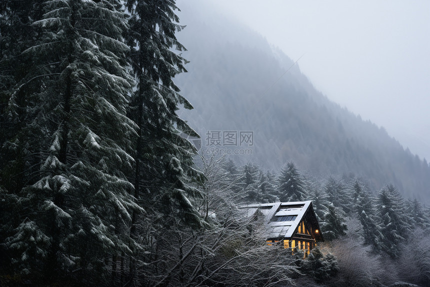 白雪皑皑的深林小屋图片