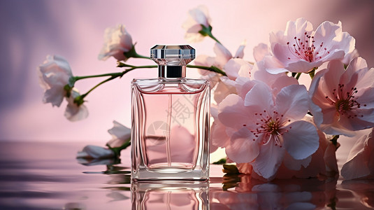 粉色透明飘带花朵香水背景