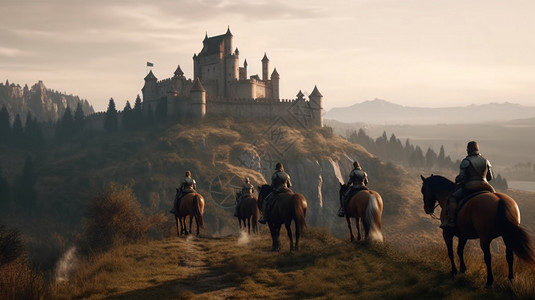 骑士骑着马朝城堡去图片