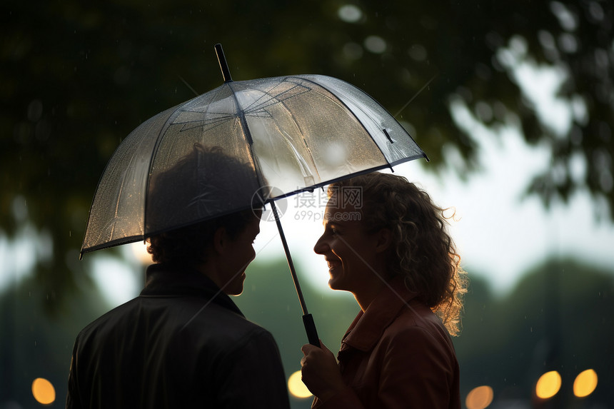 公园雨中漫步的情侣图片