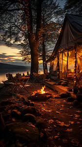 森林的帐篷和篝火图片