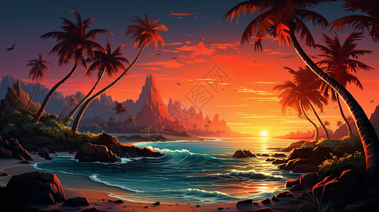 热带海景黄昏的热带海滩插画