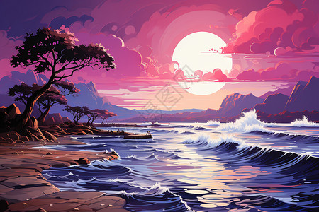 夕阳余晖下的海岸图片