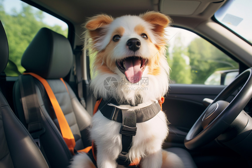 快乐的小狗坐在驾驶位图片