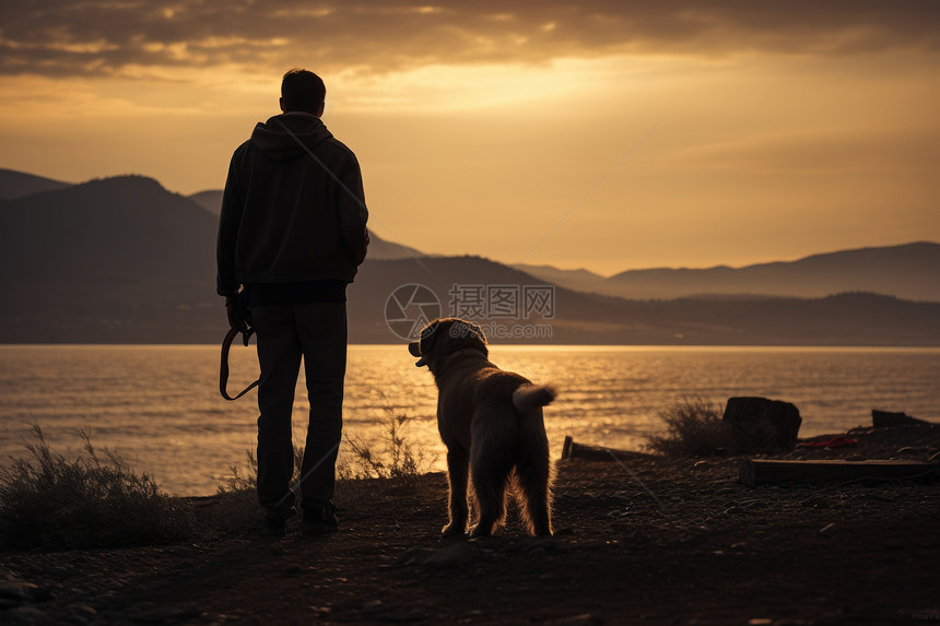 夕阳下的男人与犬图片