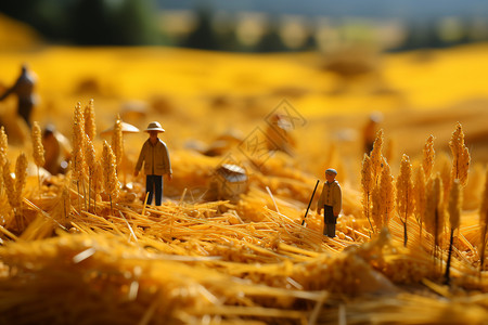 耕作人物素材金黄稻田中的微观人物设计图片