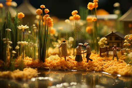 竖构图风景金黄的稻田中的特写迷你人物设计图片